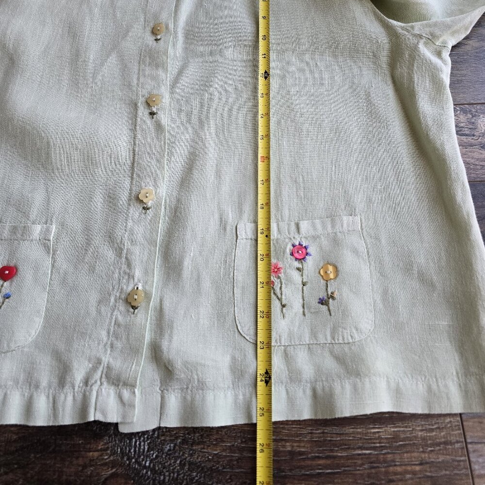 Vintage Hot Cotton by Marc Ware Embroidered Linen Lagenlook Top Button Green - Picture 12 of 12